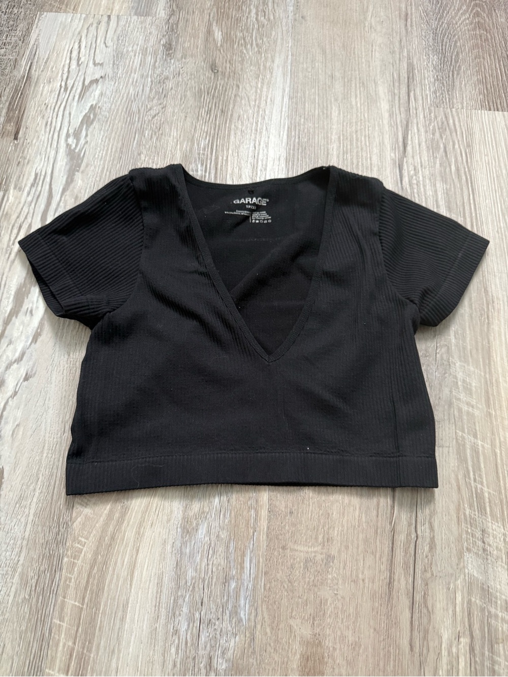 Garage Black Ribbed V-Neck Crop Tee